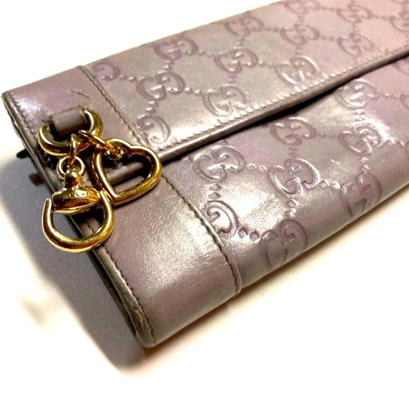 GUCCI VINTAGE HORSE BIT HEART CHARM GUCCISSIMA LEATHER LONG WALLET GRAY/LAVENDER - Picture 2 of 14